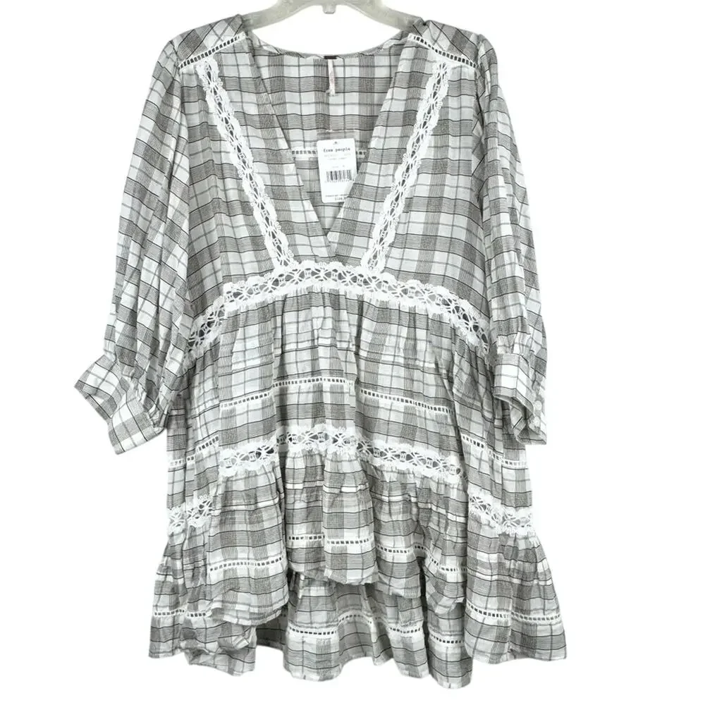 NWT Free People Time Out Lace Trim Plaid Puff Sleeve Trapeze‎ Tunic Blouse Sz M